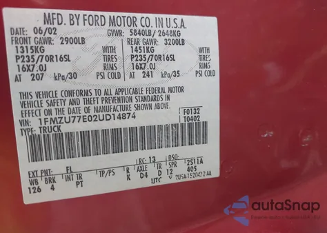 2002 Ford Explorer Sport Trac z USA, uszkodzony, nr VIN 1FMZU77E02UD14874